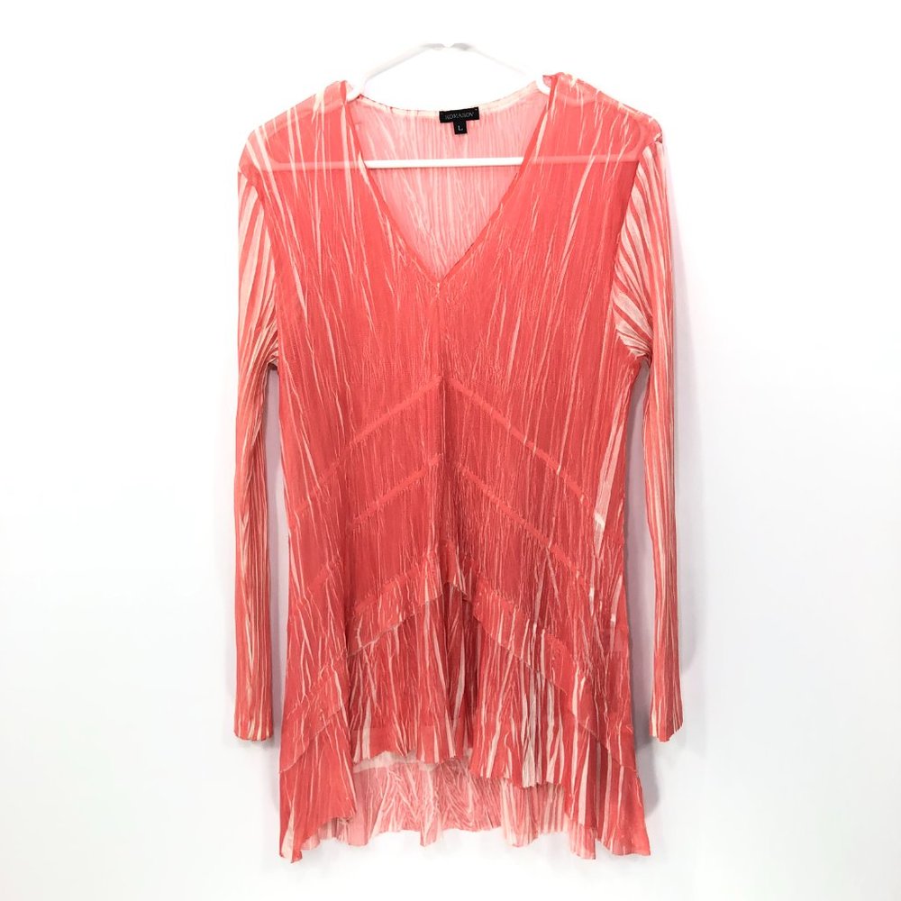Komarov Coral & Cream Pleated Long-Sleeve Tunic